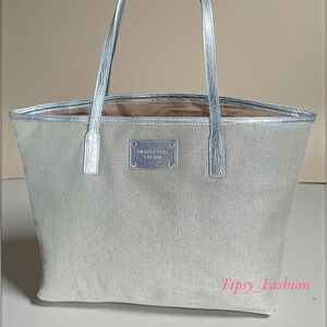 Michael Kors Beige Canvas Tote Silver Metallic Trim Lightweight Everyday
